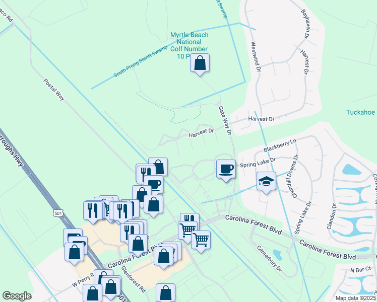 map of restaurants, bars, coffee shops, grocery stores, and more near 4921 Pond Shoals Court in Myrtle Beach