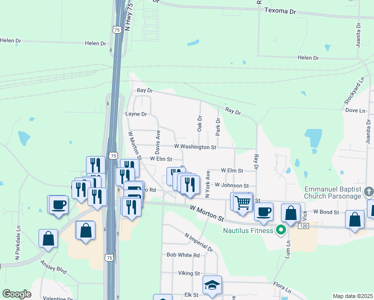 map of restaurants, bars, coffee shops, grocery stores, and more near 2715 West Washington Street in Denison