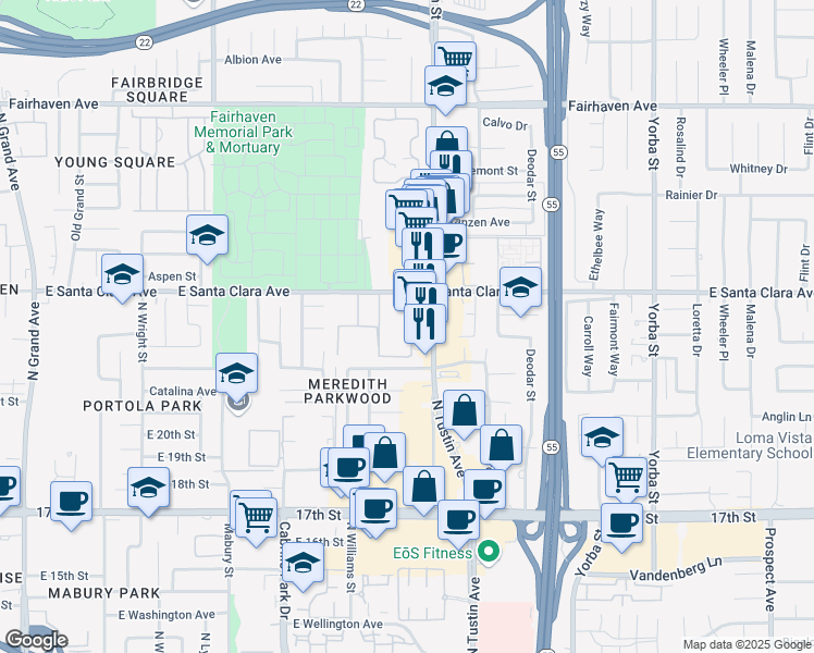 map of restaurants, bars, coffee shops, grocery stores, and more near 2034 East Santa Clara Avenue in Santa Ana