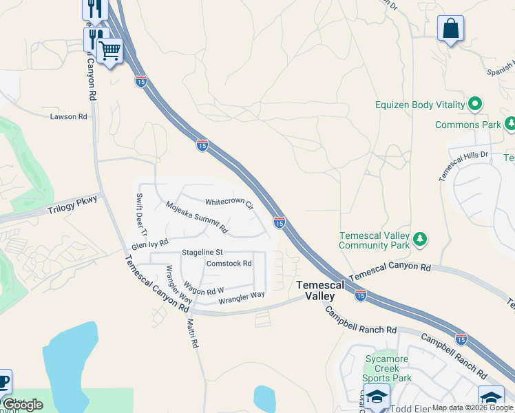 map of restaurants, bars, coffee shops, grocery stores, and more near 10408 Whitecrown Circle in Corona