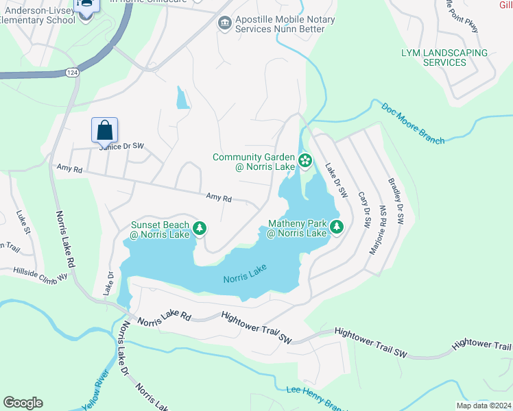 map of restaurants, bars, coffee shops, grocery stores, and more near 585 Lake Drive in Snellville
