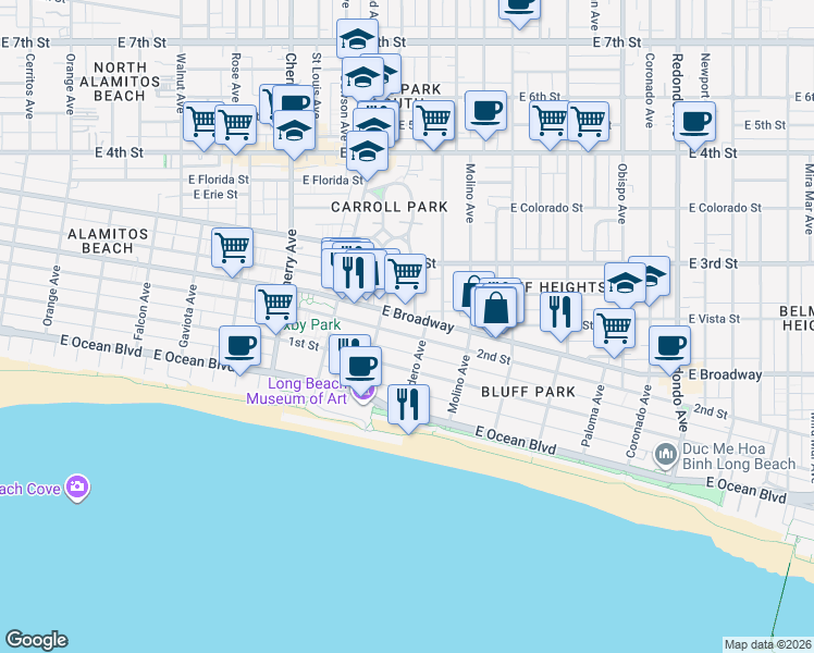 map of restaurants, bars, coffee shops, grocery stores, and more near 2404 East Broadway in Long Beach