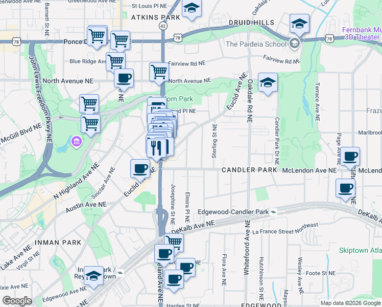 map of restaurants, bars, coffee shops, grocery stores, and more near 443 Euclid Terrace Northeast in Atlanta