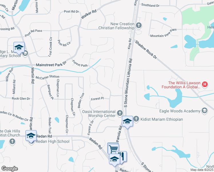 map of restaurants, bars, coffee shops, grocery stores, and more near 969 Forest Path in Stone Mountain