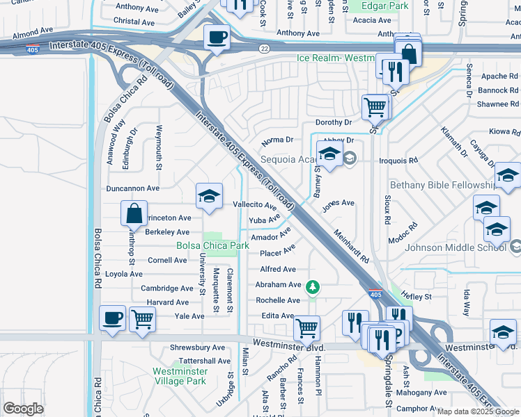map of restaurants, bars, coffee shops, grocery stores, and more near 5562 Vallecito Avenue in Westminster
