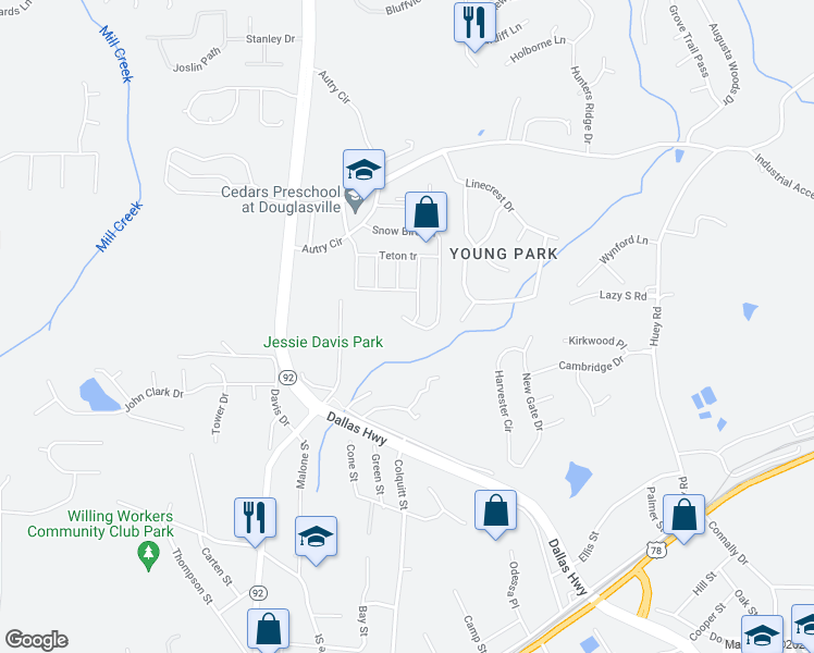 map of restaurants, bars, coffee shops, grocery stores, and more near 6586 Snow Bird Ln in Douglasville