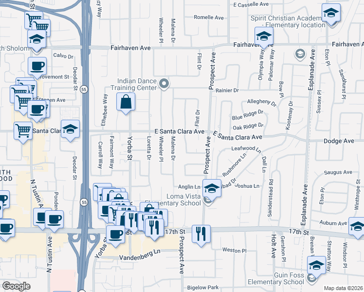 map of restaurants, bars, coffee shops, grocery stores, and more near 13571 Laurinda Way in Santa Ana