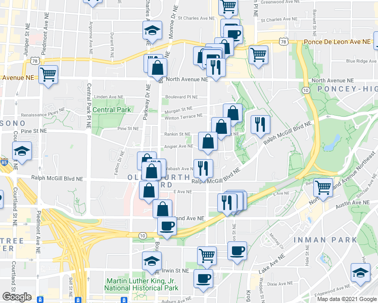 map of restaurants, bars, coffee shops, grocery stores, and more near 541 Angier Avenue Northeast in Atlanta