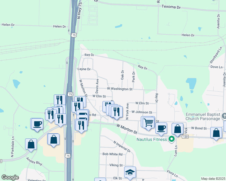 map of restaurants, bars, coffee shops, grocery stores, and more near 2715 West Washington Street in Denison