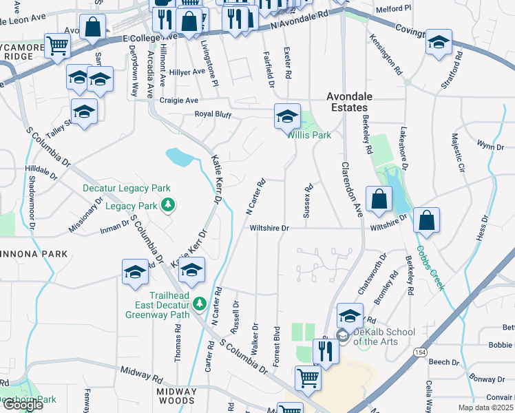 map of restaurants, bars, coffee shops, grocery stores, and more near 1000 North Carter Road in Decatur