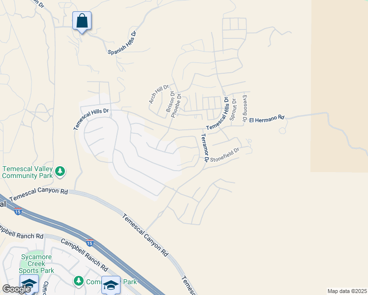 map of restaurants, bars, coffee shops, grocery stores, and more near 11667 Oakton Way in Temescal Valley