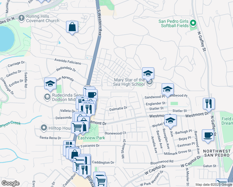 map of restaurants, bars, coffee shops, grocery stores, and more near 2258 Stonewood Court in Los Angeles