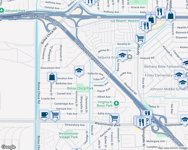 map of restaurants, bars, coffee shops, grocery stores, and more near 5532 Vallecito Avenue in Westminster