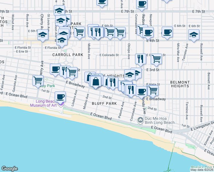 map of restaurants, bars, coffee shops, grocery stores, and more near 2851 E Vista St in Long Beach