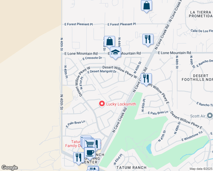 map of restaurants, bars, coffee shops, grocery stores, and more near 4243 East Wildcat Drive in Cave Creek