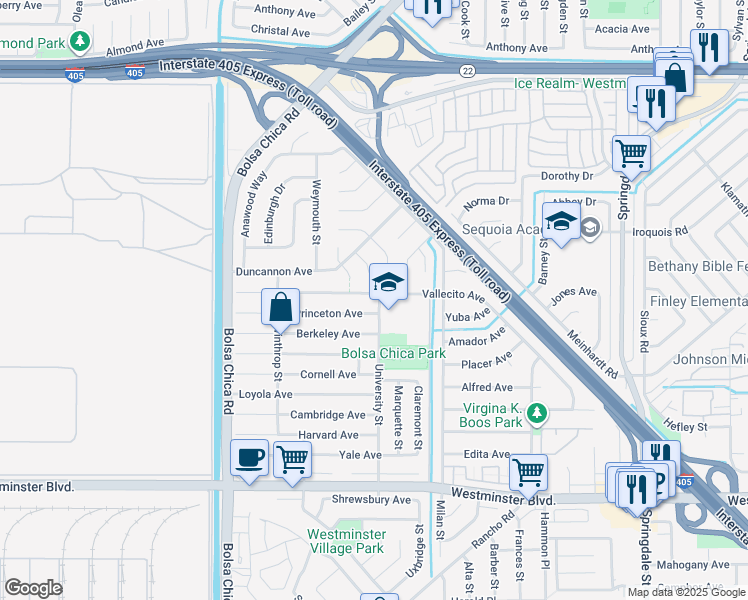 map of restaurants, bars, coffee shops, grocery stores, and more near 5362 Vallecito Avenue in Westminster