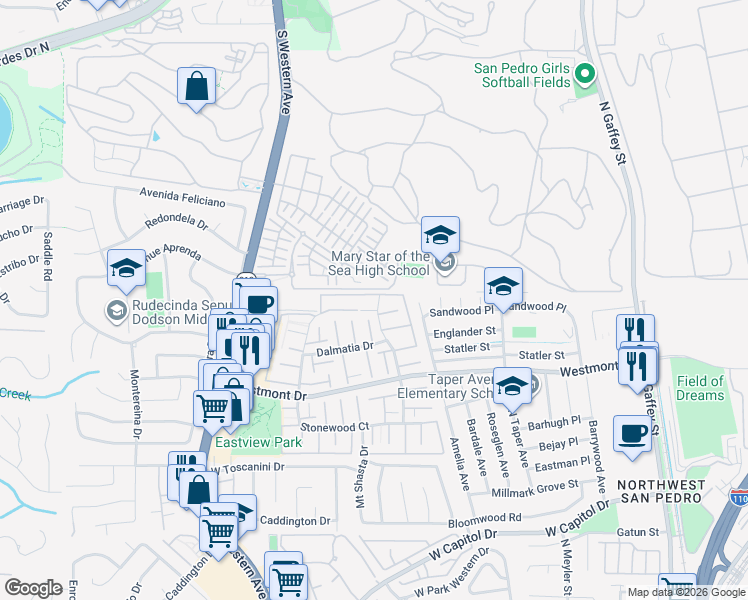 map of restaurants, bars, coffee shops, grocery stores, and more near 2219 Mount Shasta Drive in Los Angeles