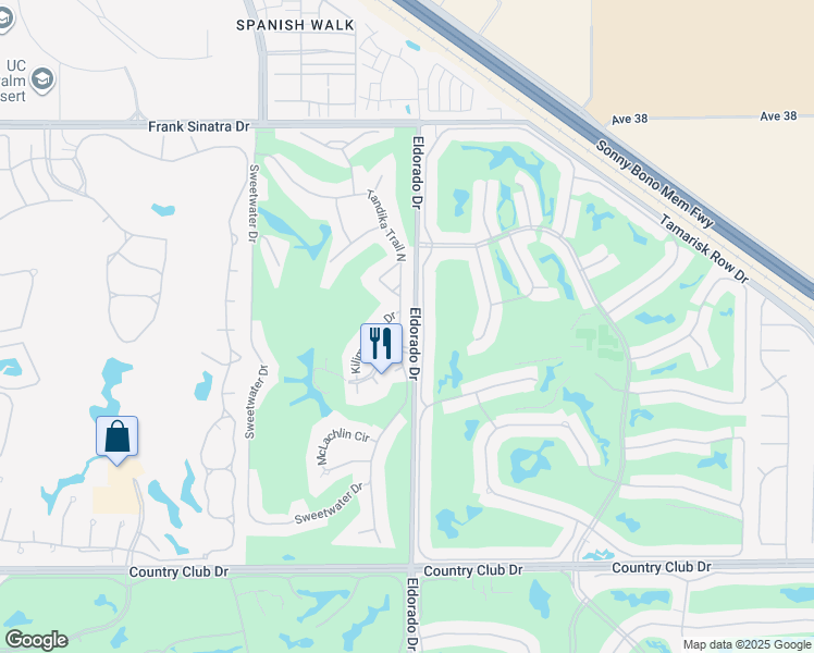 map of restaurants, bars, coffee shops, grocery stores, and more near 38900 Tandika Trail North in Palm Desert