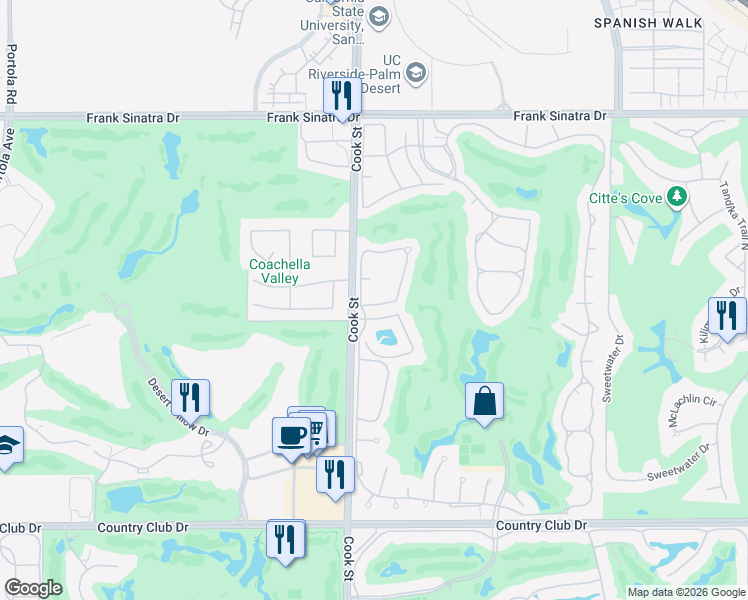 map of restaurants, bars, coffee shops, grocery stores, and more near 624 Vista Lago Circle North in Palm Desert