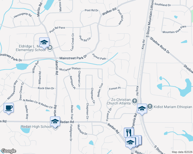 map of restaurants, bars, coffee shops, grocery stores, and more near 943 Redan Crescent in Stone Mountain