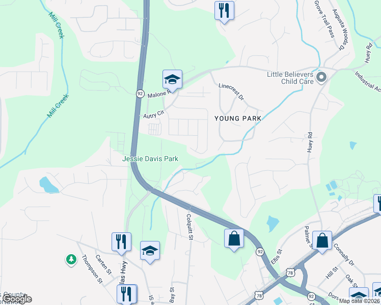 map of restaurants, bars, coffee shops, grocery stores, and more near 6588 Snowbird Lane in Douglasville