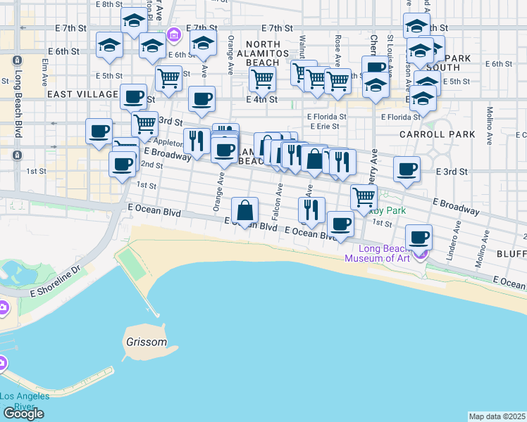 map of restaurants, bars, coffee shops, grocery stores, and more near 1404 East First Street in Long Beach