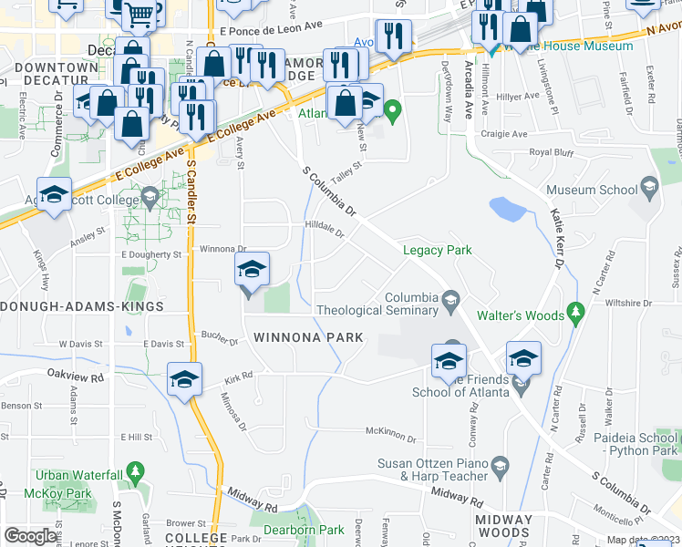 map of restaurants, bars, coffee shops, grocery stores, and more near 136 Heatherdown Road in Decatur