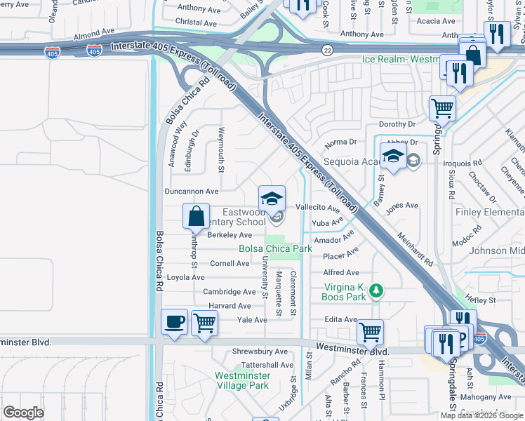 map of restaurants, bars, coffee shops, grocery stores, and more near 5362 Vallecito Avenue in Westminster