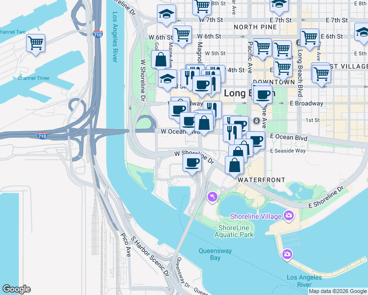 map of restaurants, bars, coffee shops, grocery stores, and more near 525 W Seaside Way in Long Beach
