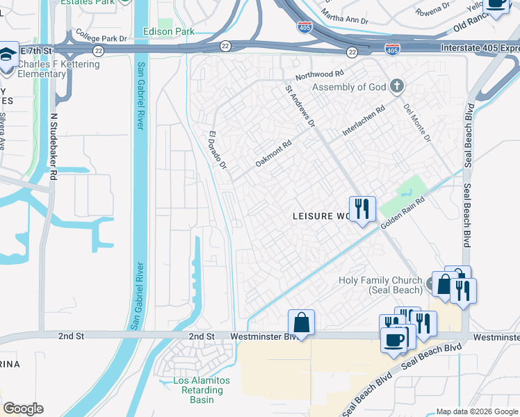 map of restaurants, bars, coffee shops, grocery stores, and more near 1300 Knollwood Road in Seal Beach