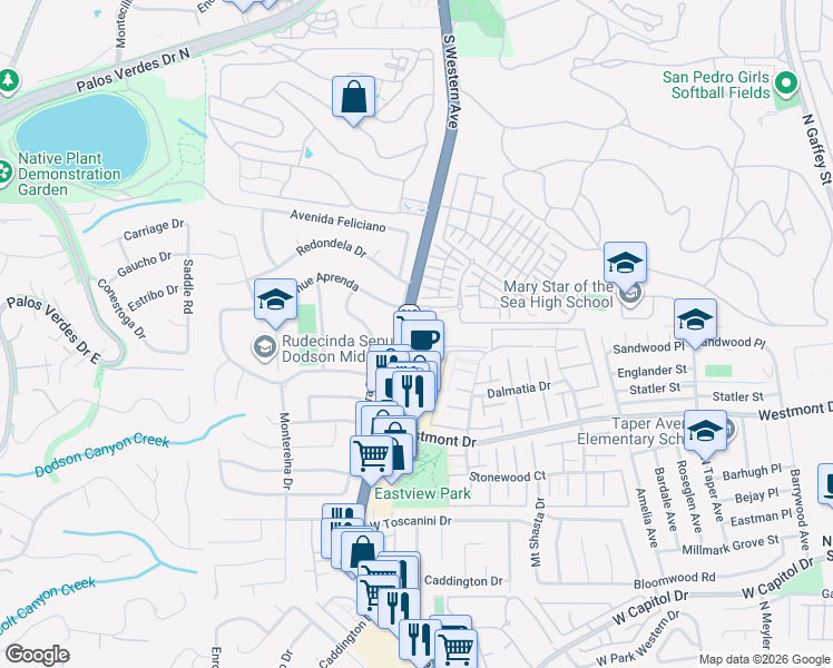 map of restaurants, bars, coffee shops, grocery stores, and more near 27980 South Western Avenue in Los Angeles