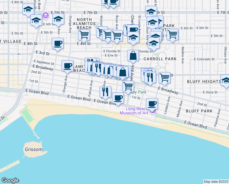 map of restaurants, bars, coffee shops, grocery stores, and more near 103 Hermosa Avenue in Long Beach