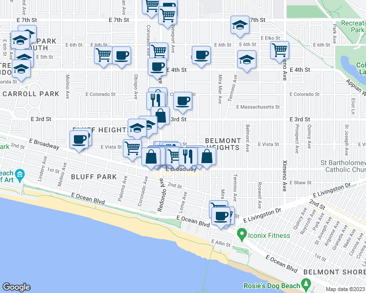 map of restaurants, bars, coffee shops, grocery stores, and more near 253 Loma Avenue in Long Beach