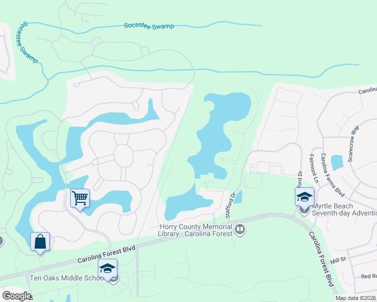 map of restaurants, bars, coffee shops, grocery stores, and more near Fiddlehead Way in Myrtle Beach
