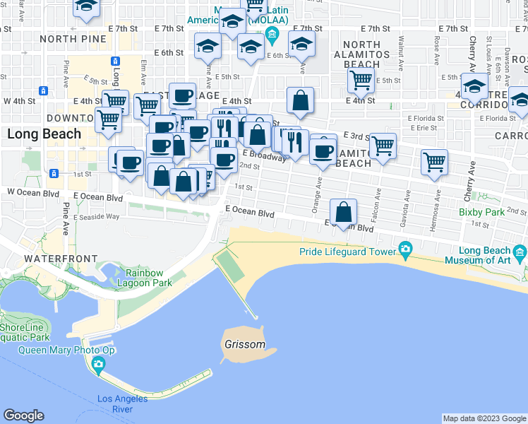 map of restaurants, bars, coffee shops, grocery stores, and more near 1027 East Ocean Boulevard in Long Beach