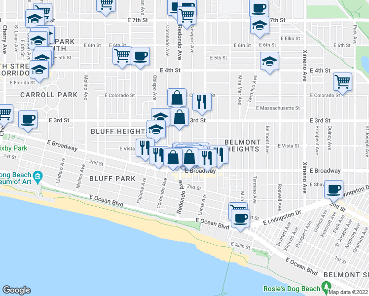 map of restaurants, bars, coffee shops, grocery stores, and more near 3414 East Vista Street in Long Beach