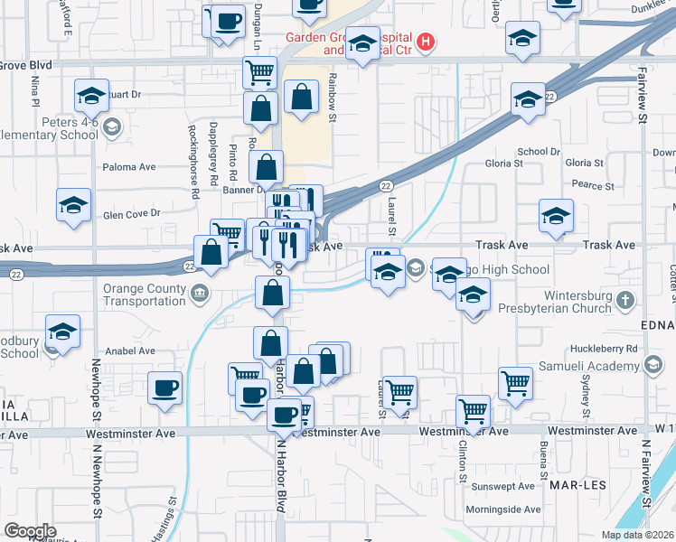map of restaurants, bars, coffee shops, grocery stores, and more near 12132 Trask Avenue in Garden Grove