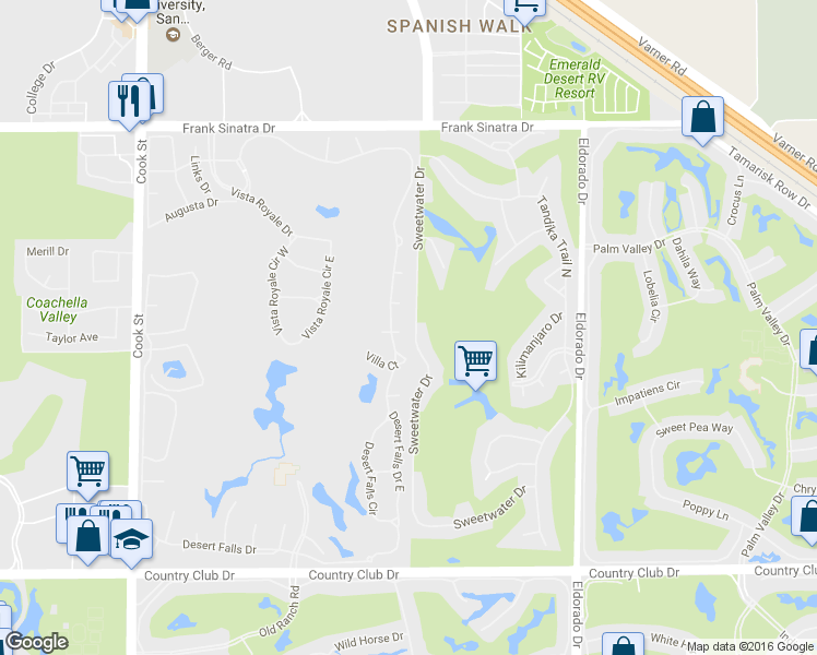 map of restaurants, bars, coffee shops, grocery stores, and more near 272 Desert Falls Drive East in Palm Desert