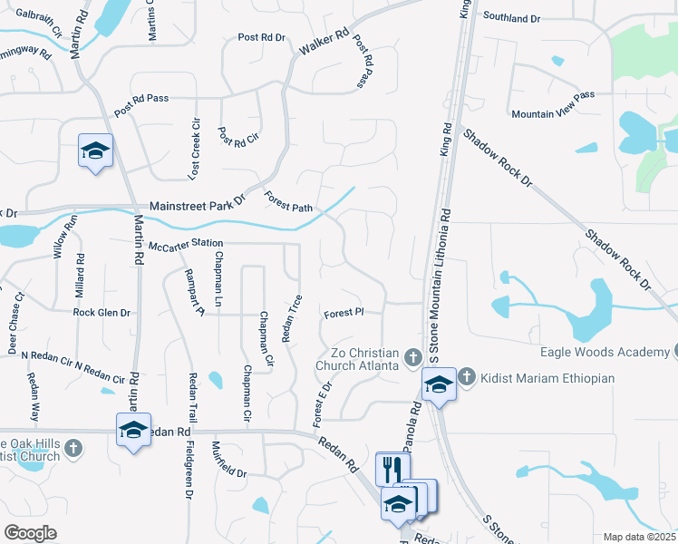 map of restaurants, bars, coffee shops, grocery stores, and more near 5391 Fox Valley Trce in Stone Mountain