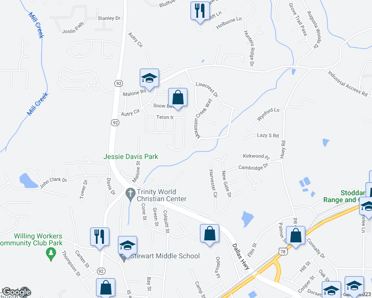 map of restaurants, bars, coffee shops, grocery stores, and more near 6570 Snowbird Lane in Douglasville