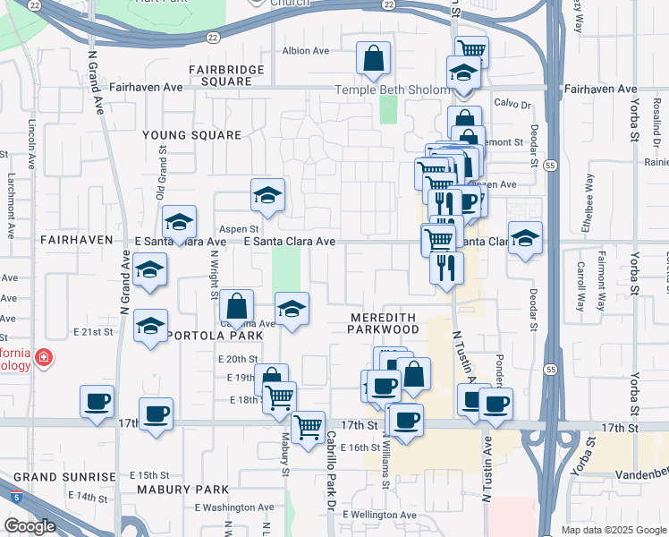 map of restaurants, bars, coffee shops, grocery stores, and more near 2209 Richmond Street in Santa Ana