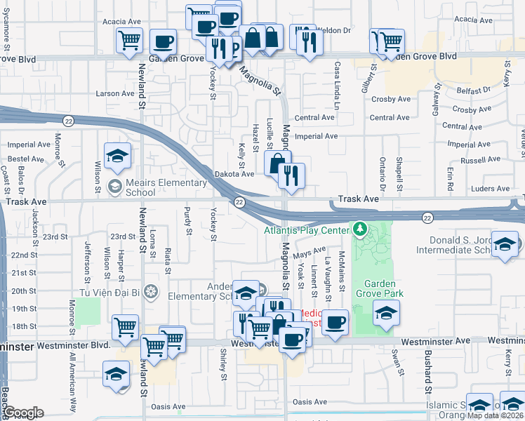 map of restaurants, bars, coffee shops, grocery stores, and more near in Garden Grove