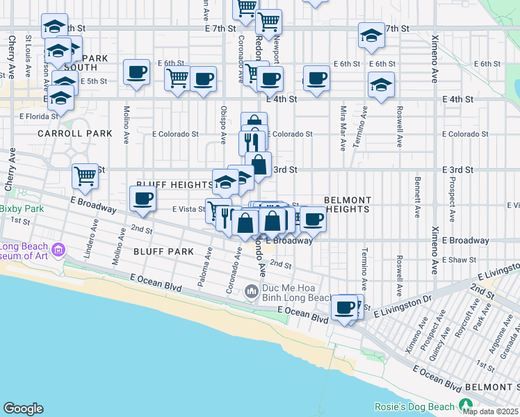 map of restaurants, bars, coffee shops, grocery stores, and more near 254 Redondo Avenue in Long Beach