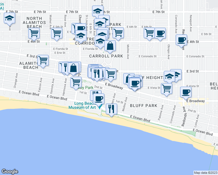 map of restaurants, bars, coffee shops, grocery stores, and more near 222 Kennebec Avenue in Long Beach