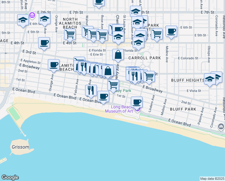 map of restaurants, bars, coffee shops, grocery stores, and more near 1918 2nd Street in Long Beach