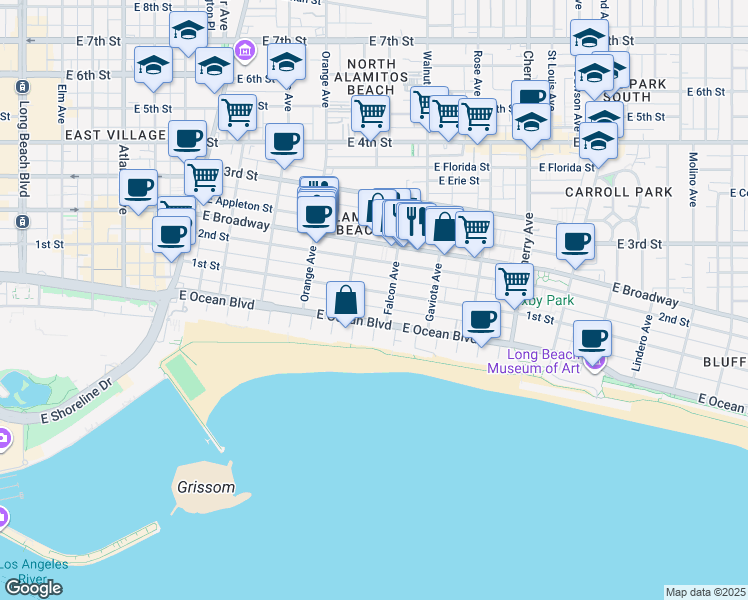 map of restaurants, bars, coffee shops, grocery stores, and more near 1326 East 1st Street in Long Beach