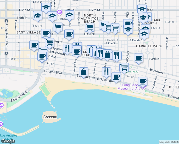 map of restaurants, bars, coffee shops, grocery stores, and more near 1326 East 1st Street in Long Beach