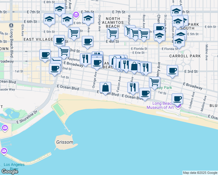 map of restaurants, bars, coffee shops, grocery stores, and more near 1326 East 1st Street in Long Beach