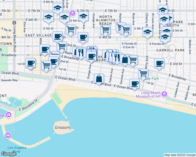 map of restaurants, bars, coffee shops, grocery stores, and more near 1250 East 1st Street in Long Beach