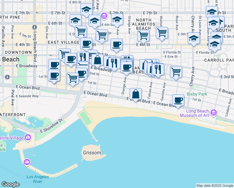 map of restaurants, bars, coffee shops, grocery stores, and more near 33 Orange Avenue in Long Beach